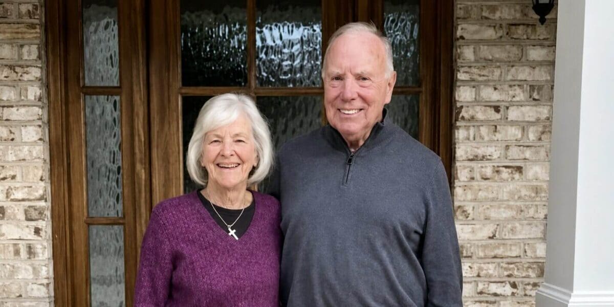 Two older adults stand together smiling in front of a wooden door and brick wall. One person is holding a smartphone.